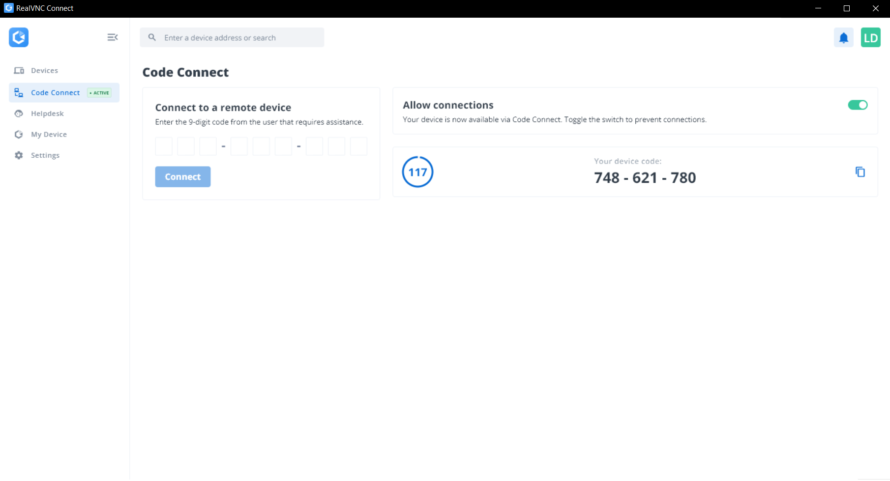 screenshot of RealVNC Connect